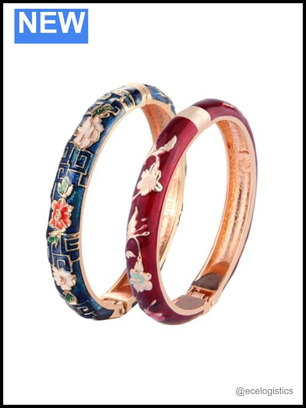 Cloisonne Enamel Flower Cuff Bangle Set Hinged Bracelet Women Jewelry Gift